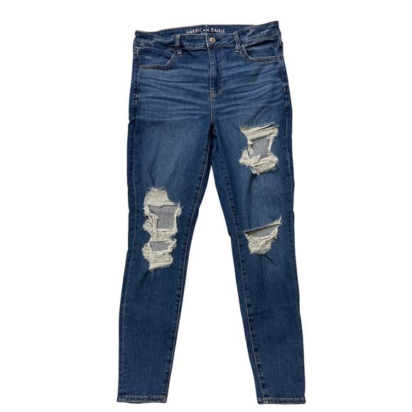 American Eagle Jeans Womens Size 12 Blue Hi Rise Jegging Stretch Ripped Thrashed - Picture 1 of 10